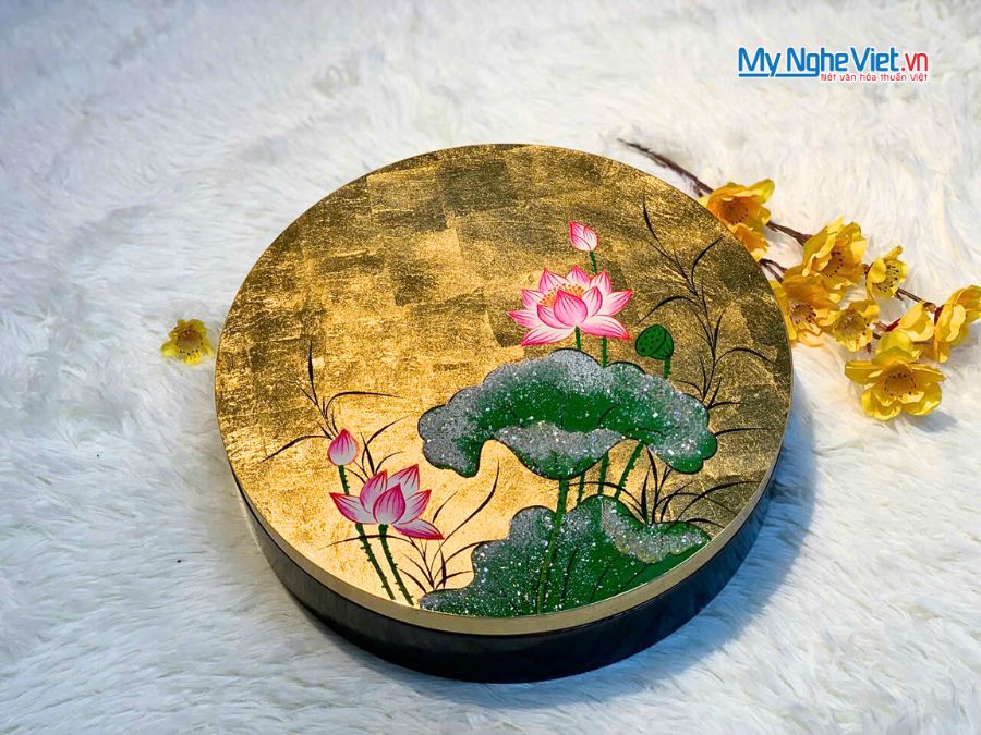 Hộp Mứt Tết Sơn Mài Ngọc Sen An Lành 5 Ngăn Dát Lá Vàng