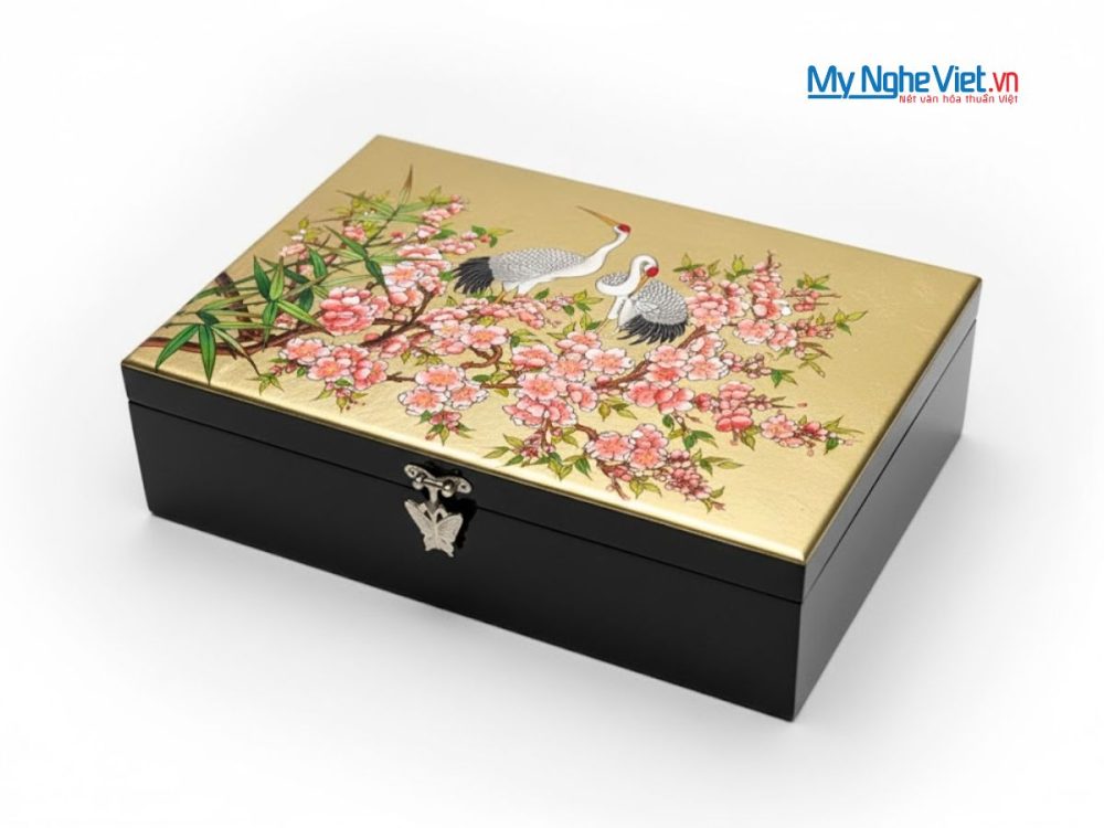 Hộp trang sức sơn mài họa tiết cò đào dát lá vàng cao cấp