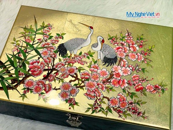 Hộp trang sức sơn mài họa tiết cò đào dát lá vàng cao cấp