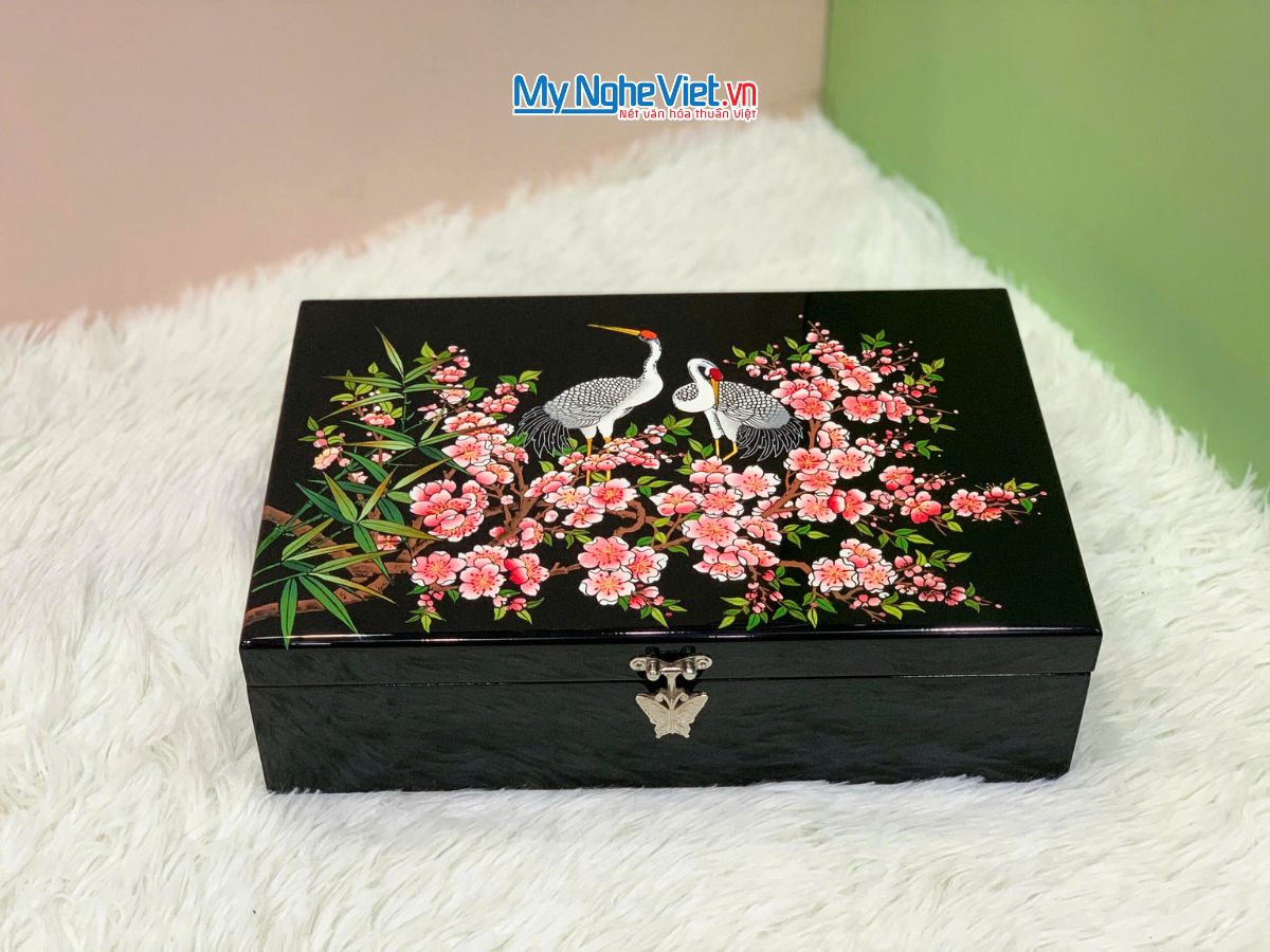 Hộp trang sức sơn mài họa tiết cò đào nền đen cao cấp