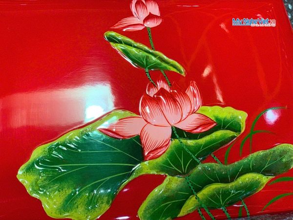Hộp Trang Sức Sơn Mài Cao Cấp Lớn Có Chân Vẽ Hoa Sen Đắp Nổi Nền Đỏ