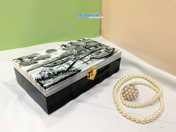 Hộp trang sức sơn mài đồng quê đen trắng
