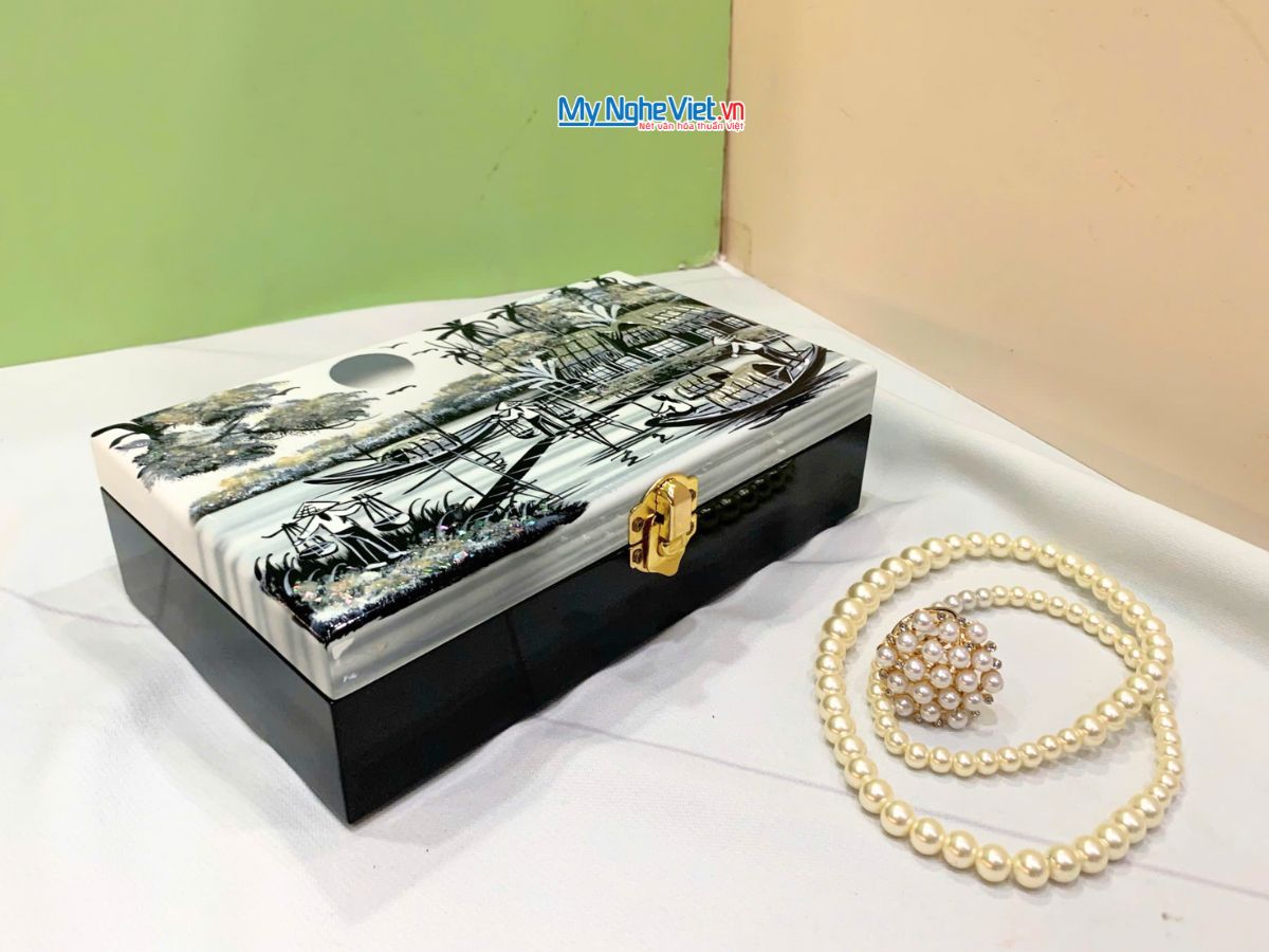 Hộp trang sức sơn mài đồng quê đen trắng