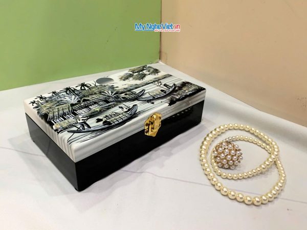 Hộp trang sức sơn mài đồng quê đen trắng