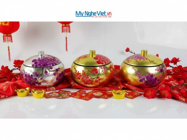 Hũ đào sơn mài đựng mứt vẽ hoa mai hoa đào nhiều mẫu