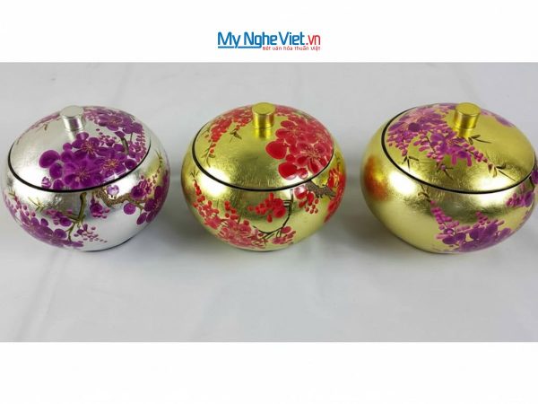 Hũ đào sơn mài đựng mứt vẽ hoa mai hoa đào nhiều mẫu
