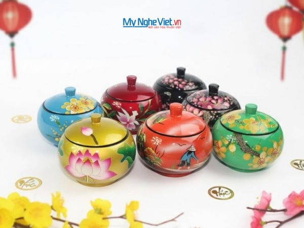 Hũ đào sơn mài đựng mứt vẽ họa tiết nhiều mẫu