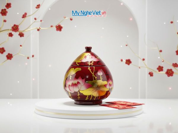 Hũ mận sơn mài đỏ vẽ sen MNV-SMA295 - Quà Tết Ý Nghĩa