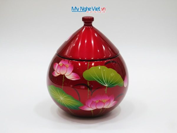 Hũ mận sơn mài đựng mứt vẽ hoa sen