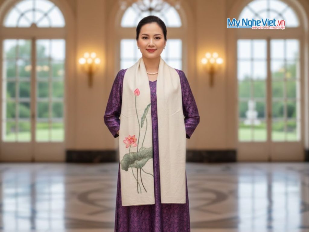 Khăn lụa đũi họa tiết hoa sen thêu tay trắng 100% silk cao cấp