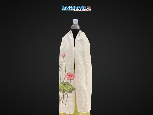 Khăn lụa đũi họa tiết hoa sen thêu tay 100% silk