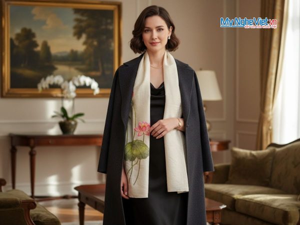 Khăn lụa đũi họa tiết hoa sen thêu tay 100% silk