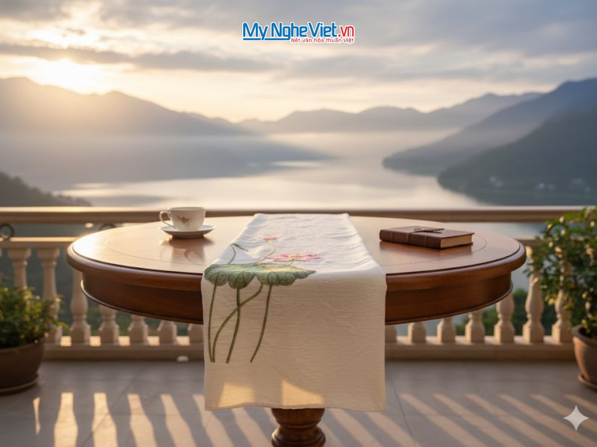 Khăn lụa đũi họa tiết hoa sen thêu tay 100% silk