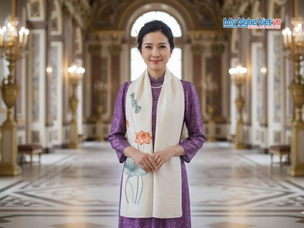 Khăn lụa đũi họa tiết hoa sen thêu tay màu trắng 100% silk cao cấp