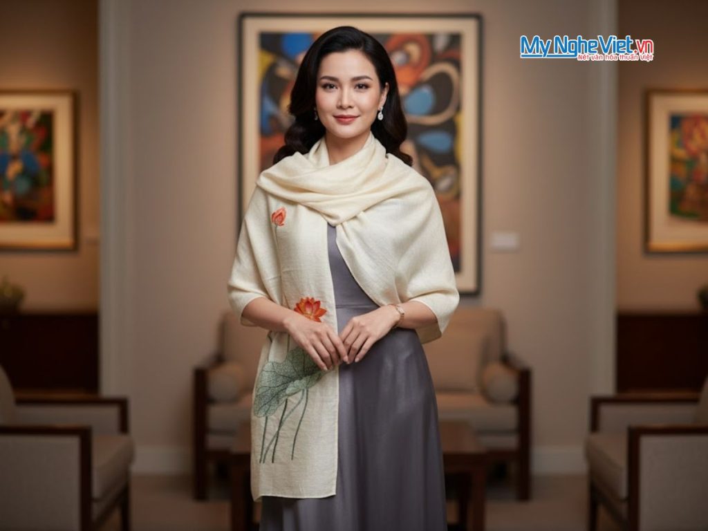 Khăn lụa đũi họa tiết hoa sen thêu tay 100% silk