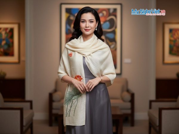 Khăn lụa đũi họa tiết hoa sen thêu tay 100% silk
