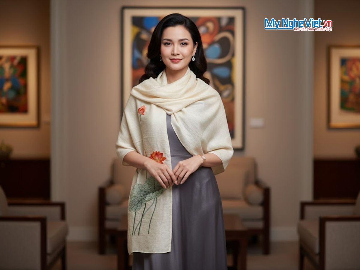 Khăn lụa đũi họa tiết hoa sen thêu tay 100% silk