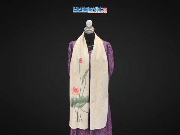 Khăn lụa đũi họa tiết hoa sen thêu tay trắng 100% silk cao cấp