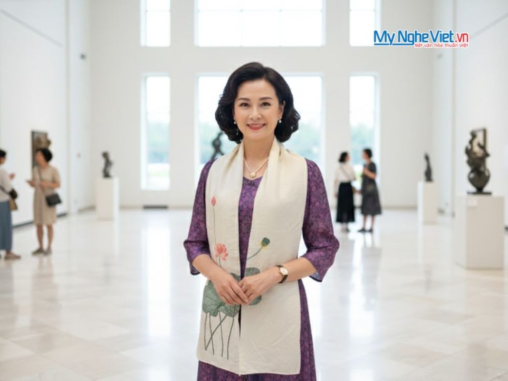 Khăn lụa đũi họa tiết hoa sen thêu tay màu trắng 100% silk cao cấp