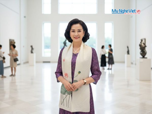 Khăn lụa đũi họa tiết hoa sen thêu tay màu trắng 100% silk cao cấp