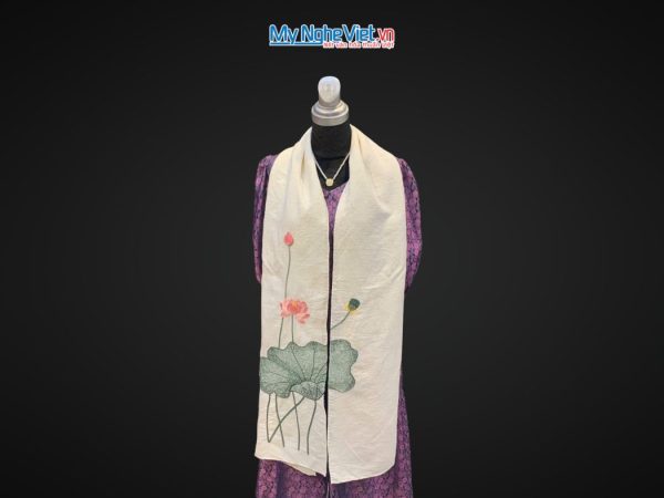 Khăn lụa đũi họa tiết hoa sen thêu tay màu trắng 100% silk cao cấp