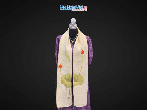 Khăn lụa đũi họa tiết hoa sen thêu tay màu kem 100% silk cao cấp