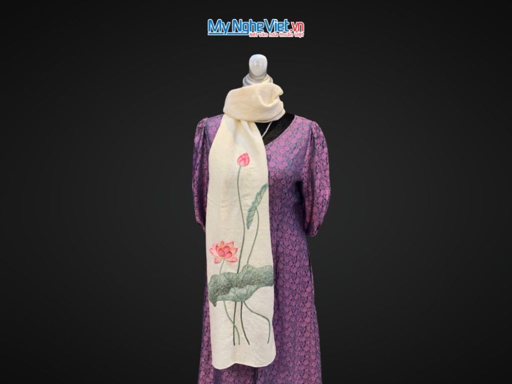 Khăn lụa đũi họa tiết hoa sen thêu tay trắng 100% silk cao cấp
