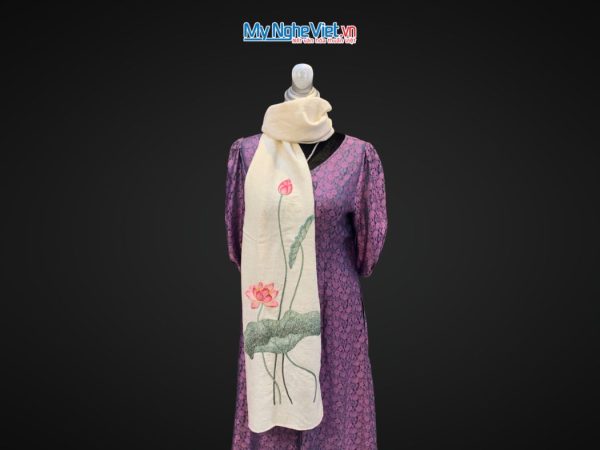 Khăn lụa đũi họa tiết hoa sen thêu tay trắng 100% silk cao cấp