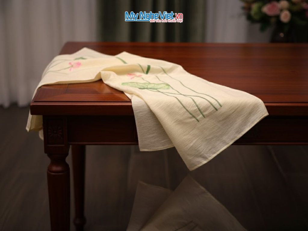 Khăn lụa đũi họa tiết hoa sen thêu tay 100% silk