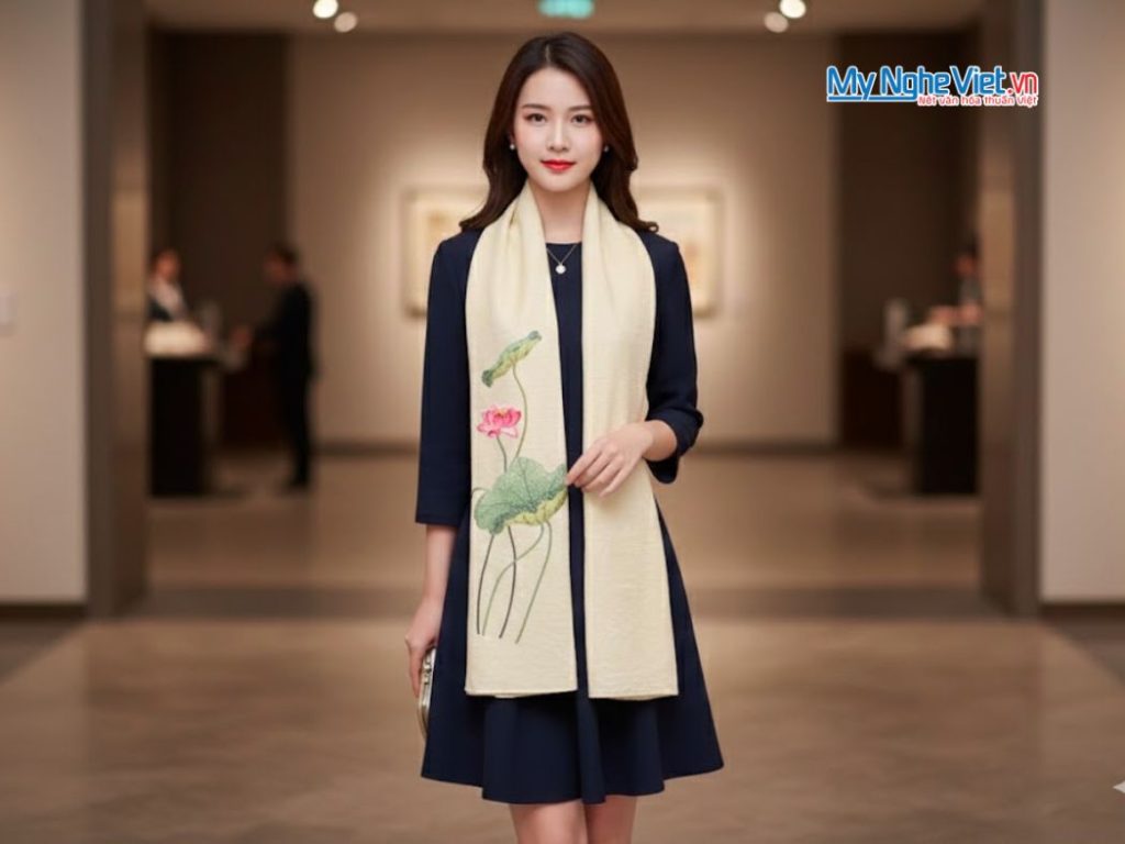 Khăn lụa đũi họa tiết hoa sen thêu tay màu kem 100% silk cao cấp