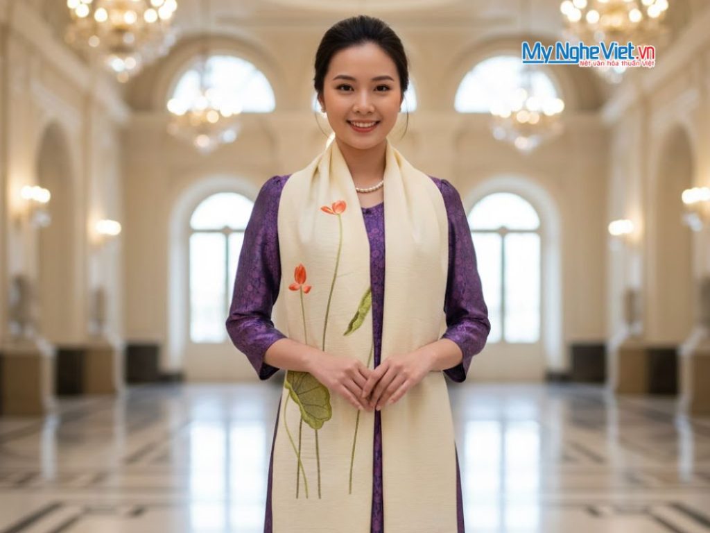 Khăn lụa đũi họa tiết hoa sen thêu tay màu kem 100% silk cao cấp