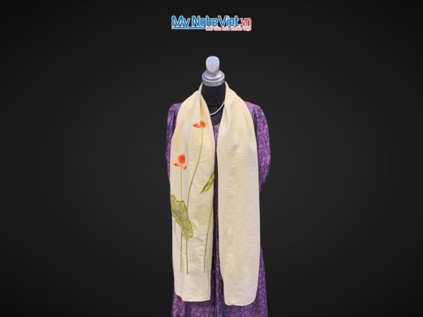 Khăn lụa đũi họa tiết hoa sen thêu tay màu kem 100% silk cao cấp