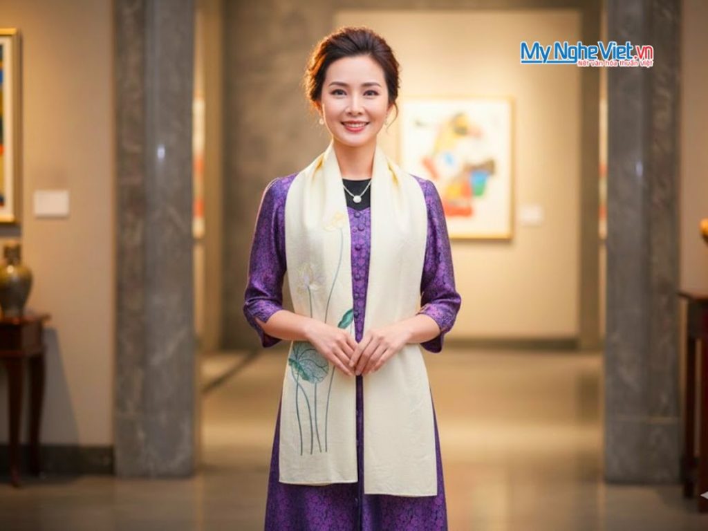 Khăn lụa đũi họa tiết hoa sen thêu tay màu kem 100% silk cao cấp