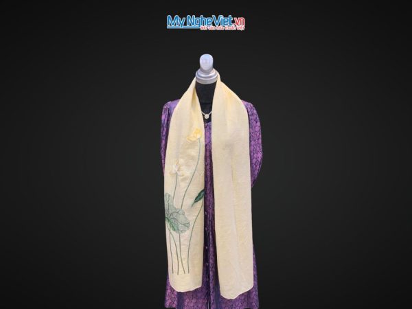 Khăn lụa đũi họa tiết hoa sen thêu tay màu kem 100% silk cao cấp