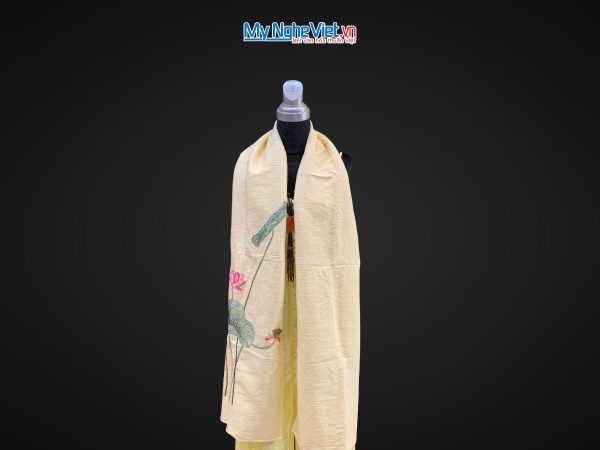 Khăn lụa đũi họa tiết hoa sen thêu tay 100% silk