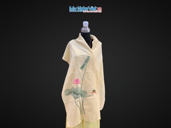 Khăn lụa đũi họa tiết hoa sen thêu tay 100% silk