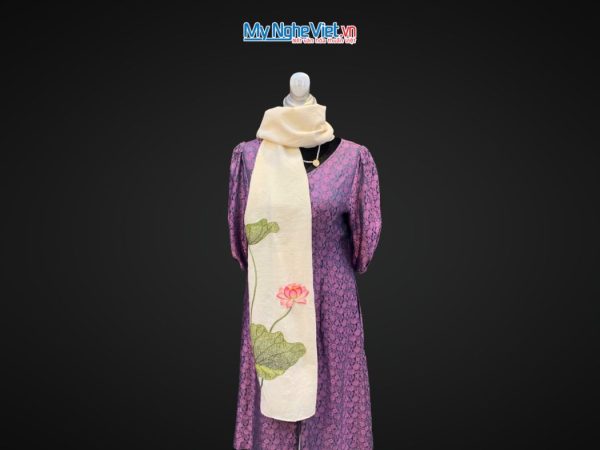 Khăn lụa đũi họa tiết hoa sen thêu tay màu trắng 100% silk cao cấp