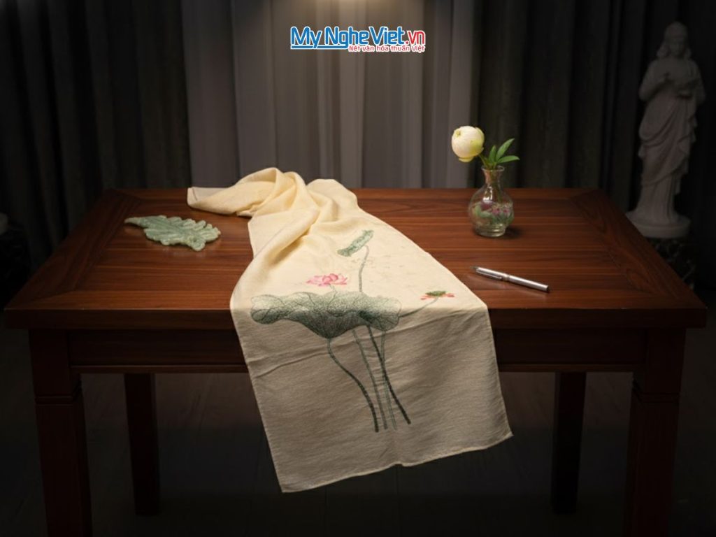 Khăn lụa đũi họa tiết hoa sen thêu tay 100% silk
