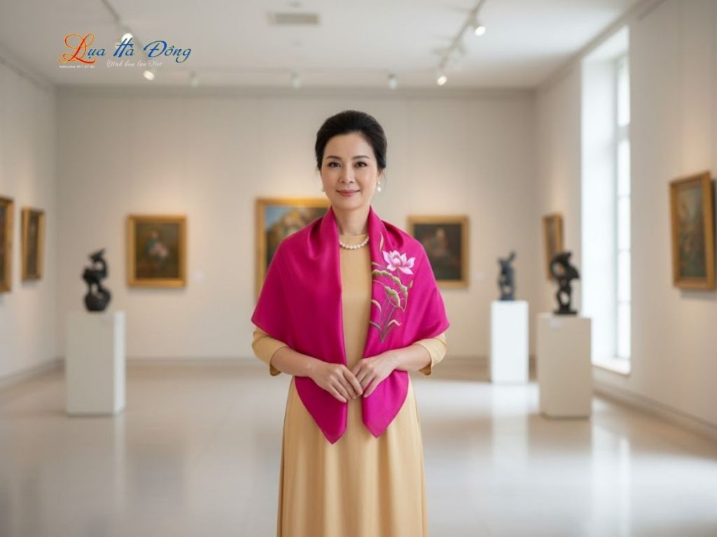 Khăn lụa vuông thêu sen trơn màu hồng tím