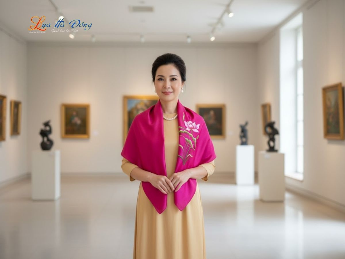 Khăn lụa vuông thêu sen trơn màu hồng tím