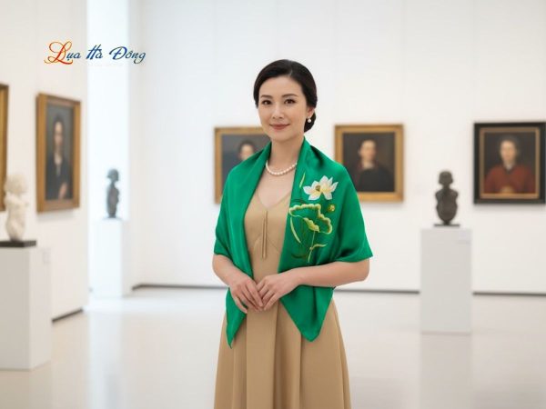 Khăn lụa vuông thêu sen trơn màu xanh lá