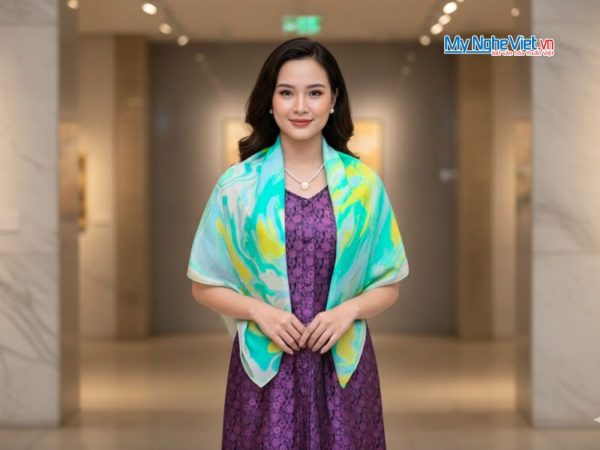 Khăn Lụa Vuông Thủy Ấn Tơ Tằm Màu Xanh Lá