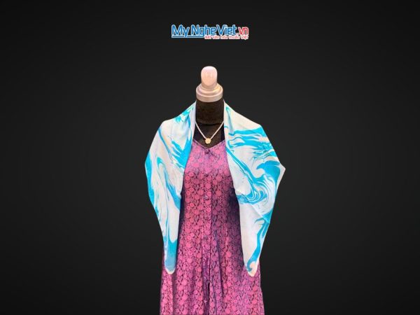 Khăn Lụa Vuông Thủy Ấn Tơ Tằm Màu Xanh