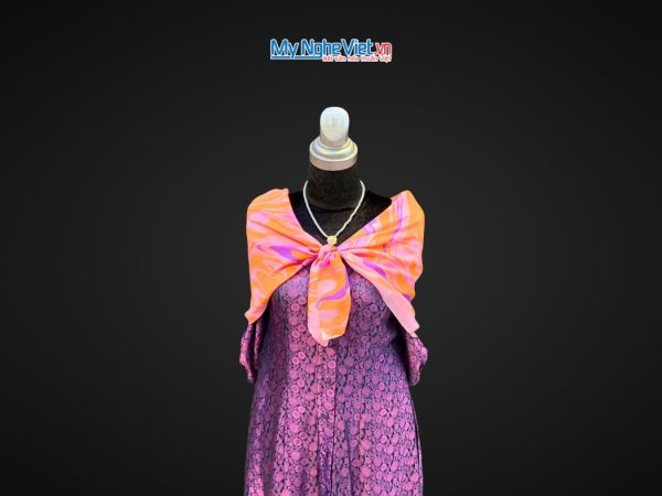 Khăn Lụa Vuông Thủy Ấn Tơ Tằm Màu Hồng Cam