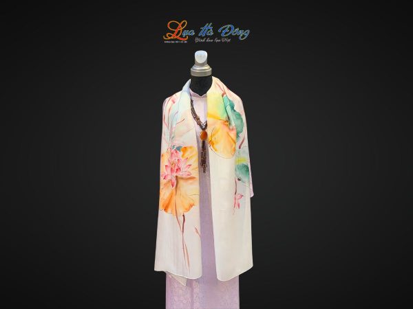 Khăn lụa tơ tằm màu trắng vẽ hoa sen