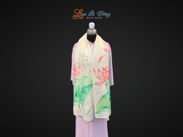 Khăn lụa tơ tằm vẽ tay Hồ Gươm màu kem