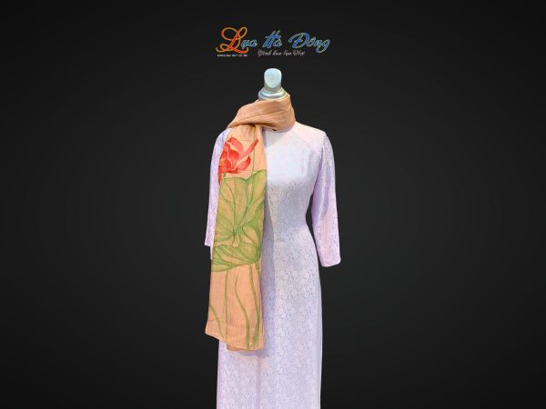 Khăn lụa tơ tằm vẽ tay sen màu hồng cam