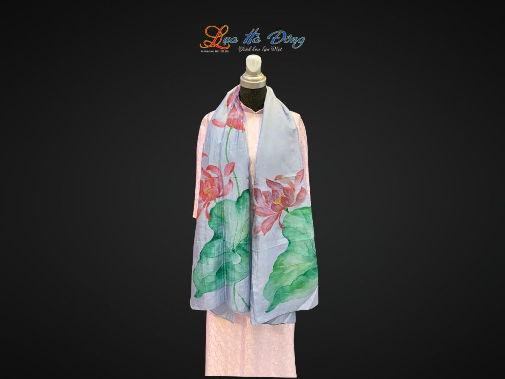 Khăn lụa tơ tằm vẽ tay sen màu xanh