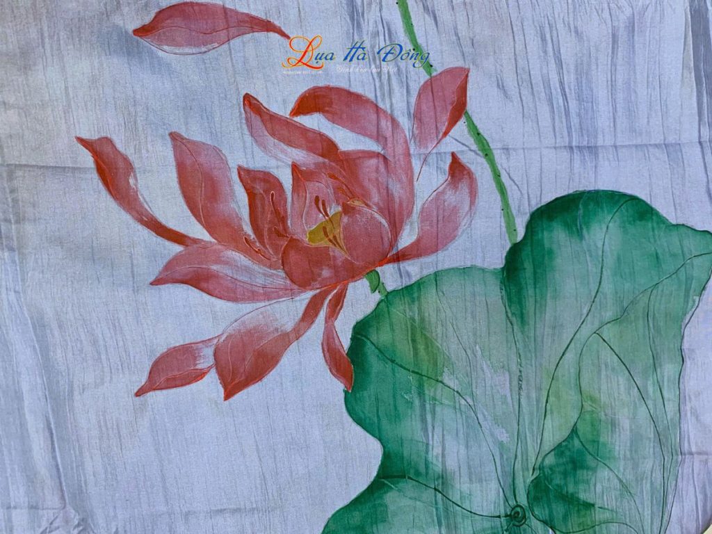 Khăn lụa tơ tằm vẽ tay sen màu xanh