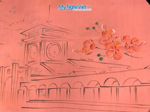 Khăn lụa tơ tằm vẽ tay chợ Bến Thành màu cam